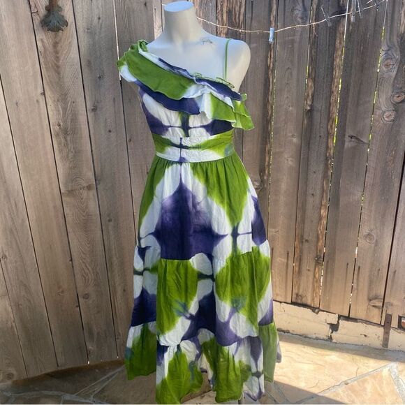 Busayo One Shoulder Ruffle Tie Dye Maxi Purple White and Green Dress - 0 - Picture 12 of 12